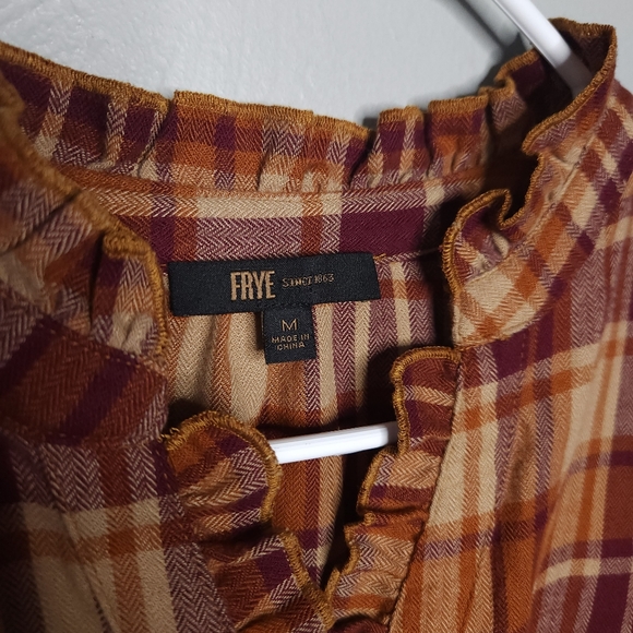 Frye• Ruffle orange/brown flacket button-down plaid shirt. Sz M - Picture 9 of 14